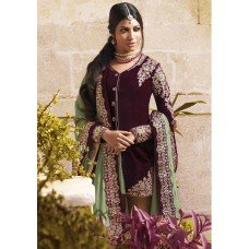 F-7313 PURPLE FLORAL LUSTER STRAIGHT CUT VELVET SALWAR SUIT